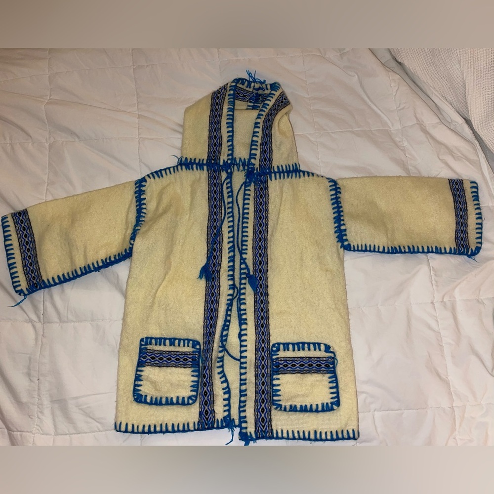 Handmade Bohemian Cream Hooded Kids Jacket with Blue Trim - Kids XL